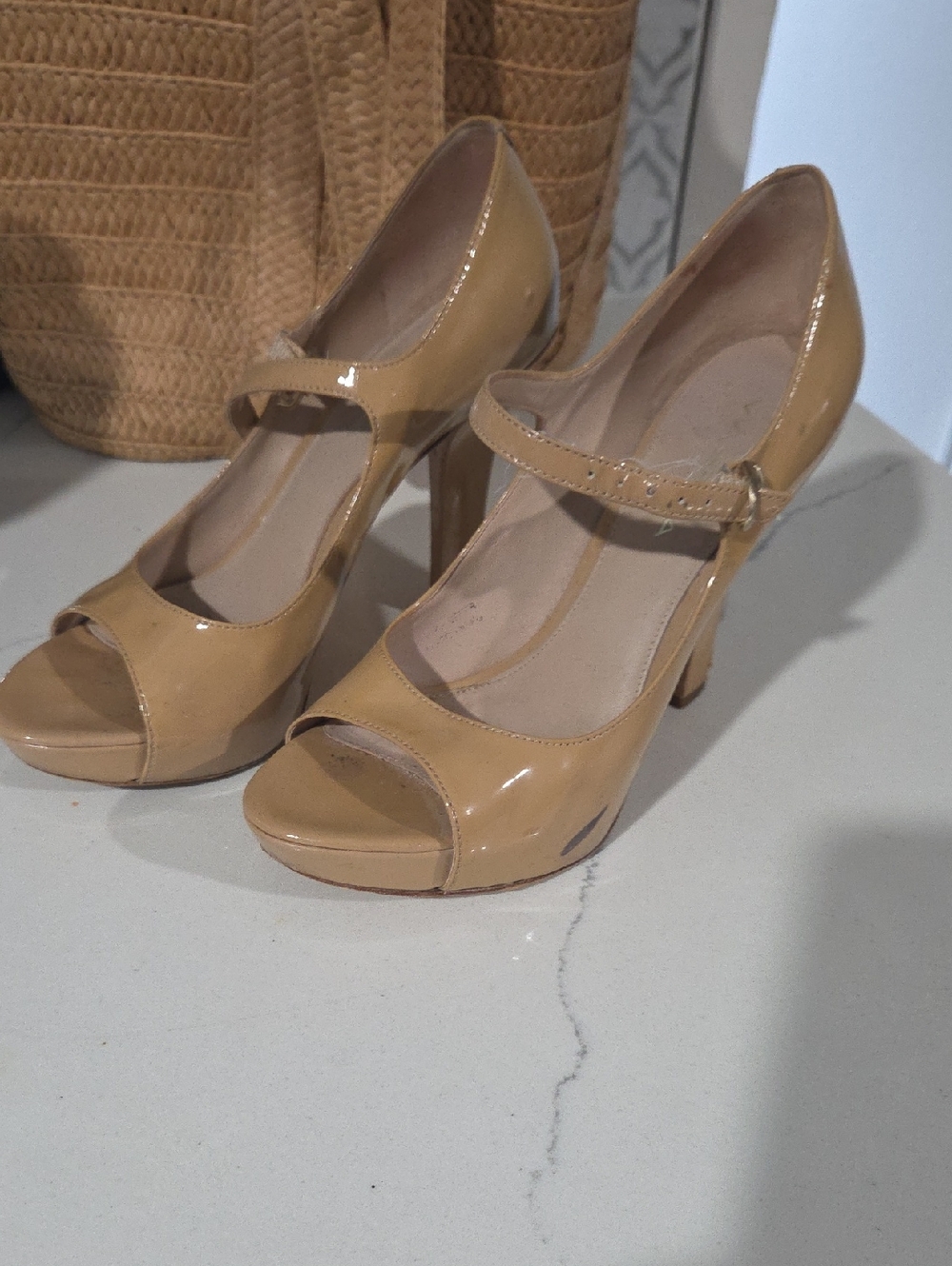 Via Spiga Patent Tan Peep-Toe Mary Jane Heels